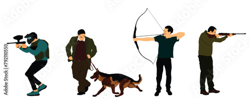 Man outdoor hobby activity set vector illustration isolated. Archer boy with bow and arrow. Sport hunter man with rifle. Guy paintball action in park. Mature male urban dog running German shepherd.