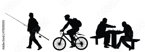 Man outdoor hobby activity set vector silhouette illustration isolated. Senior fisherman with fishing rod shape. Friends play chess game in park shadow. Urban boy riding bicycle with helmet, backpack.