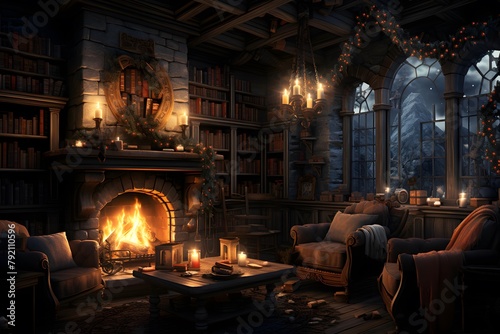 3D rendering of a fairy-tale living room with a fireplace
