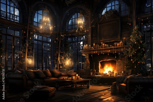3d render of a room with a fireplace and christmas tree