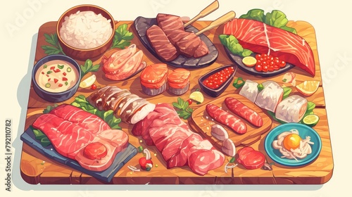 A cartoon 2d illustration showcases a selection of fresh seafood and tender steak on a rustic wooden kitchen board set against a crisp white background This fun and vibrant image highlights
