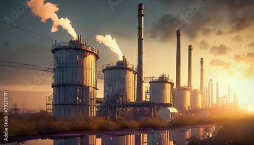 Illustration of water polluted with garbage and a large metal container next to an industrial complex with industrial chimneys emitting smoke against a sunset. Generative Ai.