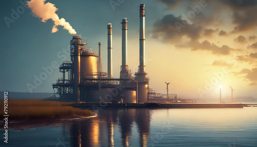 Illustration of a refinery near a lake at sunset, towers emit smoke against an orange sky causing pollution in the atmosphere, highlighting industrial impact. Generative Ai.