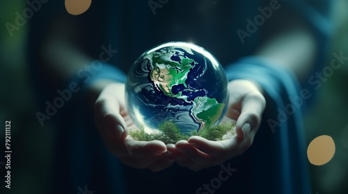 Woman hand holding earth, save planet, earth day, sustainable living, ecology environment, climate emergency action, world environment day concept.