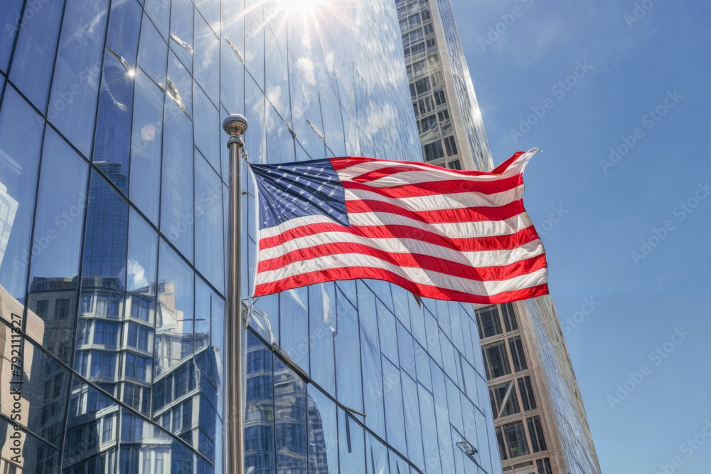 A large American flag waves in front of a reflective skyscraper. The flag blows in the wind under a bright sun. The image captures American patriotism and city vibes