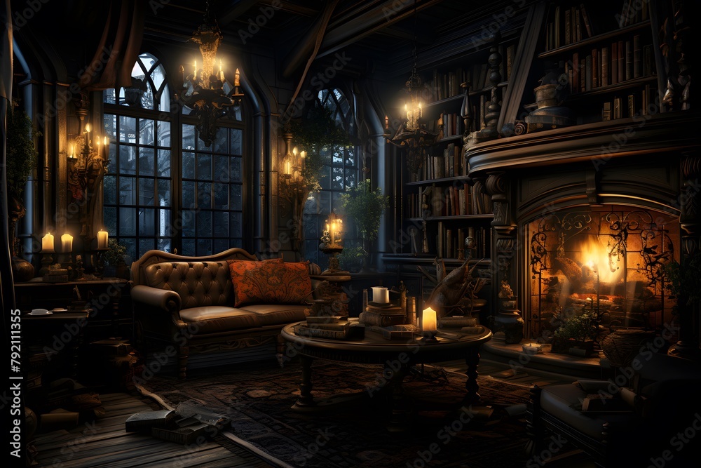 Interior of a classic library with bookshelves, candles and sofas