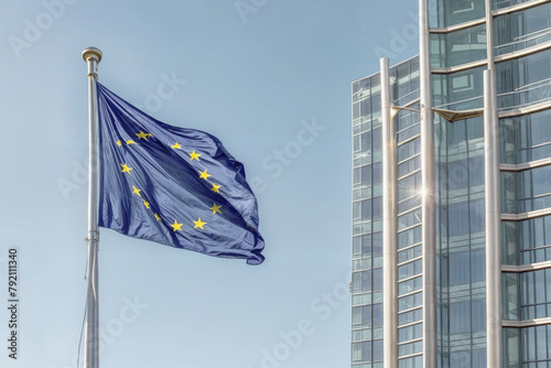 The EU flag symbolizes unity and cooperation among member states. It displays a circle of 12 gold stars on a blue background, representing solidarity and common goals in Europe