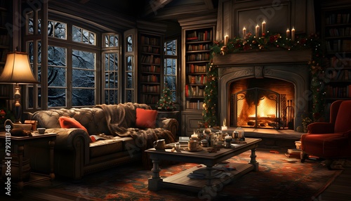 3D rendering of a cozy living room with fireplace and christmas decorations © Iman