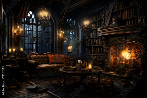 Interior of a classic library with bookshelves  candles and sofas
