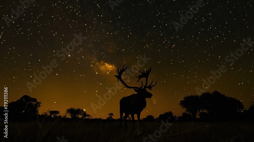 a large caribou in silhouette against sky in Zimbabwe at night sky.
