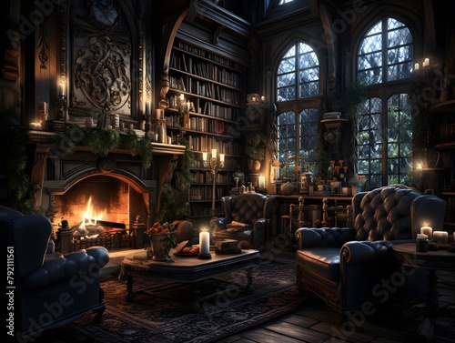 3D rendering of a fantasy living room with a fireplace and a fireplace