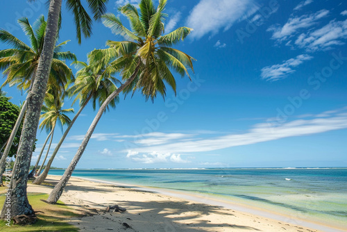 Serene beach with palm trees providing shade for beachgoers