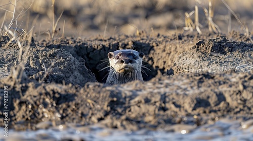 A river otter (Lontra canadensis) popping up through a hole in the ground in Prince Albert National Park, Saskatchewan, Canada.

 photo