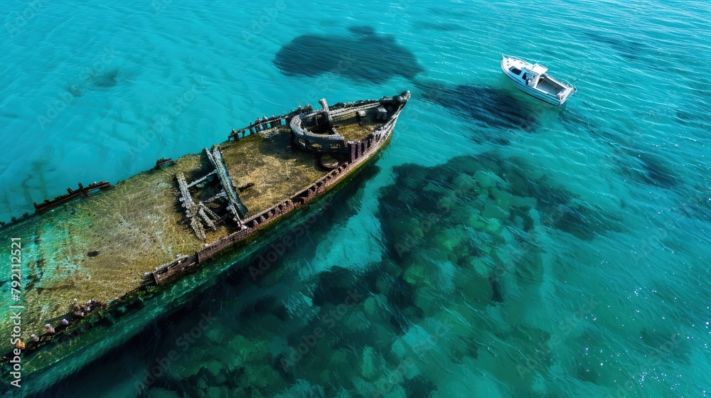 A small boat examines a shipwreck off the coast of Northwest Aruba.

