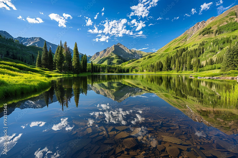 Serene mountain lake reflecting the surrounding peaks