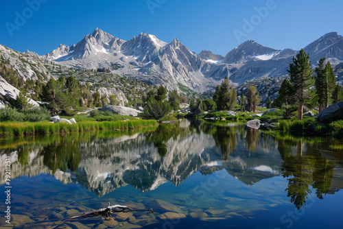Serene mountain lake reflecting the surrounding peaks © soman