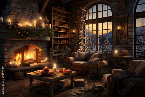 3D rendering of a cozy living room with fireplace and christmas decorations