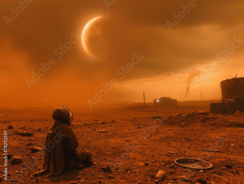 A figure in a cloak sits on Mars  observing Earth amidst a dusky sky.