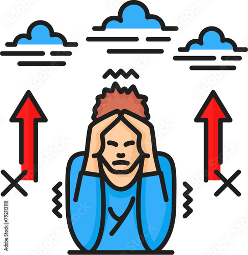Uranophobia phobia, mental health or anxiety outline color icon. People psychology problem, mental disorder or heaven fear problem outline vector sign or pictogram with stressed and worried man
