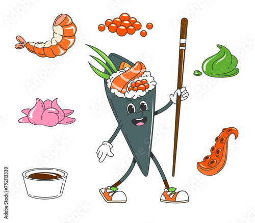 Cartoon japanese groovy temaki sushi character. Isolated vector vibrant japan food personage exuding joy. Roll wrapped in seaweed cone, filled with fresh fillings like salmon fish, caviar and rice