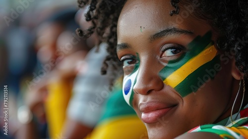 A young female with the flag of South Africa painted on her face on her way to a sporting event to show her support.

