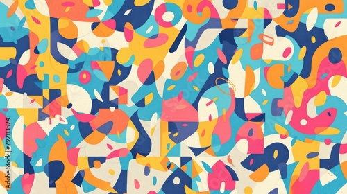 An endless backdrop featuring a vibrant array of hand drawn colorful geometric shapes seamlessly weaved into a 2d pattern