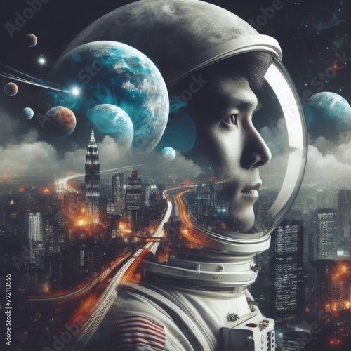 Portrait of astronaut, sky, space landscapes and planets. Double exposure. Modern technology. Long-duration flights to distant planets. The future is near. 