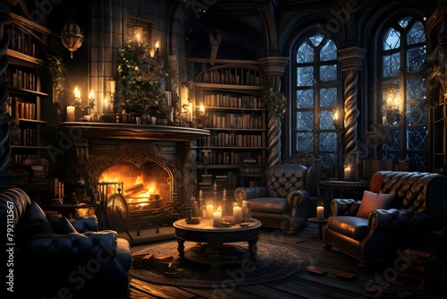 3d illustration of a cozy living room with a fireplace and Christmas tree