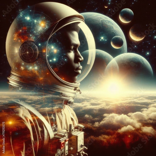 Portrait of astronaut, sky, space landscapes and planets. Double exposure. Modern technology. Long-duration flights to distant planets. The future is near. 