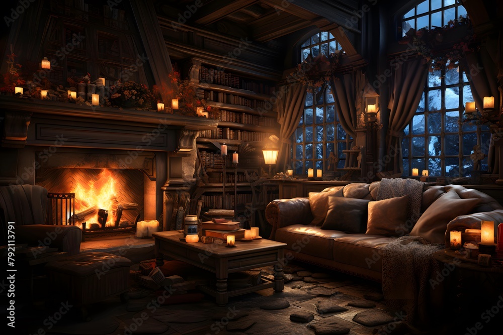 Interior of a dark room with a fireplace. 3d rendering