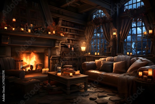 Interior of a dark room with a fireplace. 3d rendering