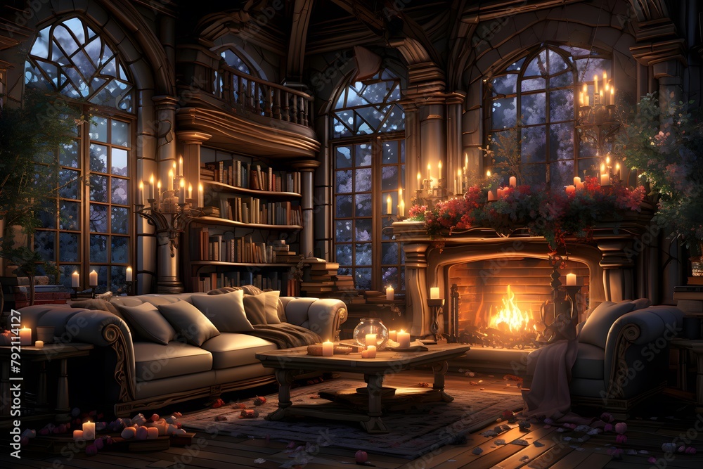 Interior of a living room with a fireplace and a bookcase