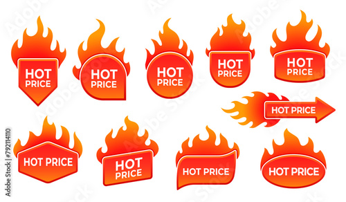 Hot price deal labels promotion offer emblems with fire flames. Isolated vector badges or icons with red burning blaze tongues. Special offer promo tags for discounted items, retail or clearance sales photo