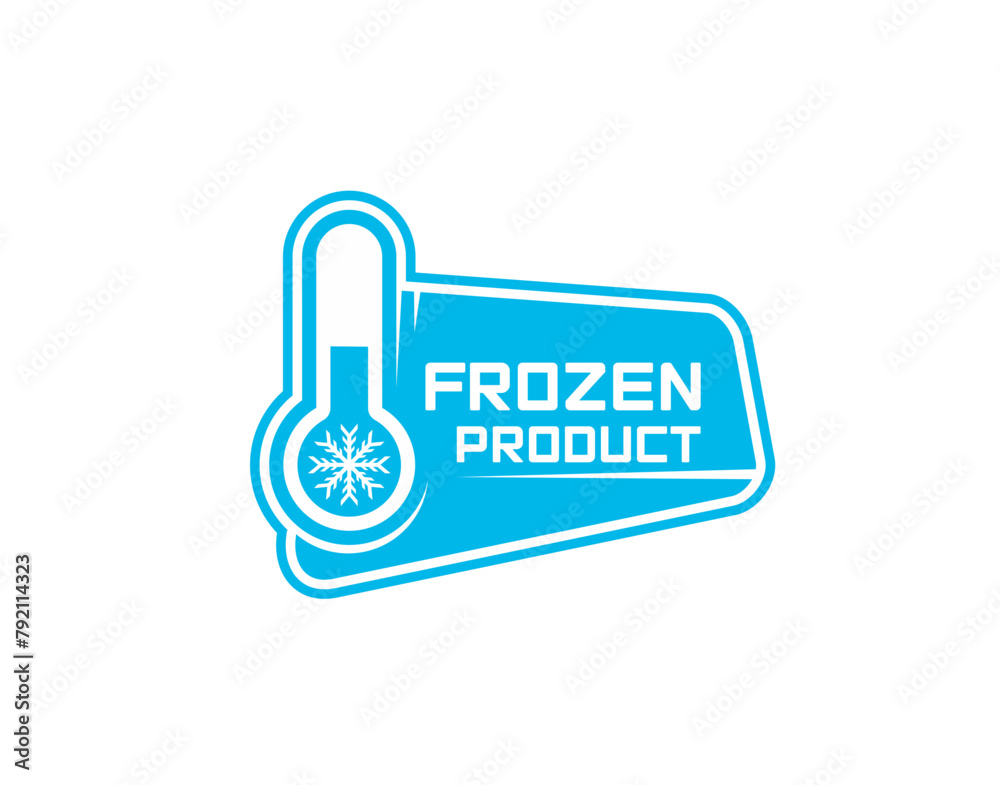 Frozen food icon of ice crystal label for product and keep cold vector badge. Frozen food stamp for fresh refrigerated meat, fish or seafood package with thermometer and snowflake icon Frozen food icon of ice crystal label for product and keep cold vector badge. Frozen food stamp for fresh refrigerated meat, fish or seafood package with thermometer and snowflake icon