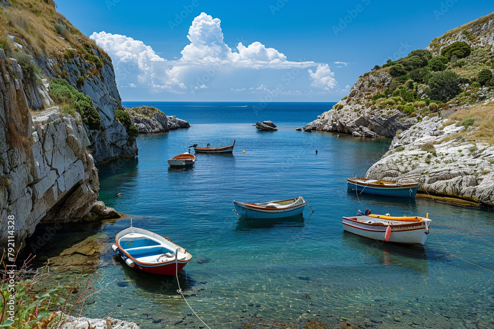 Small fishing boats anchored in a peaceful cove