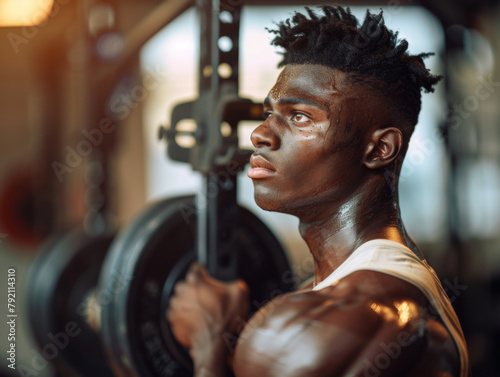 A focused male weightlifter preparing for a lift in a gym setting.