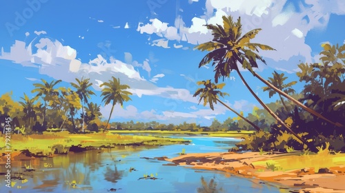 A vibrant digital painting background showcases palm trees swaying gracefully on a sandy river bank under the warm daylight creating a picturesque illustration