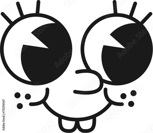 Cartoon retro cute emoji character with toothy smile, groovy face, funny eyes and freckles on cheeks, exudes playful charm. Vector emoticon combining humor and nostalgia in adorable facial expression