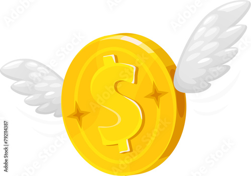 Golden coin on wings, flying dollar money 3D vector icon for casino, bank and finance. Cartoon gold coin on wings for bonus award, investment, payment and currency cash wallet or financial wealth
