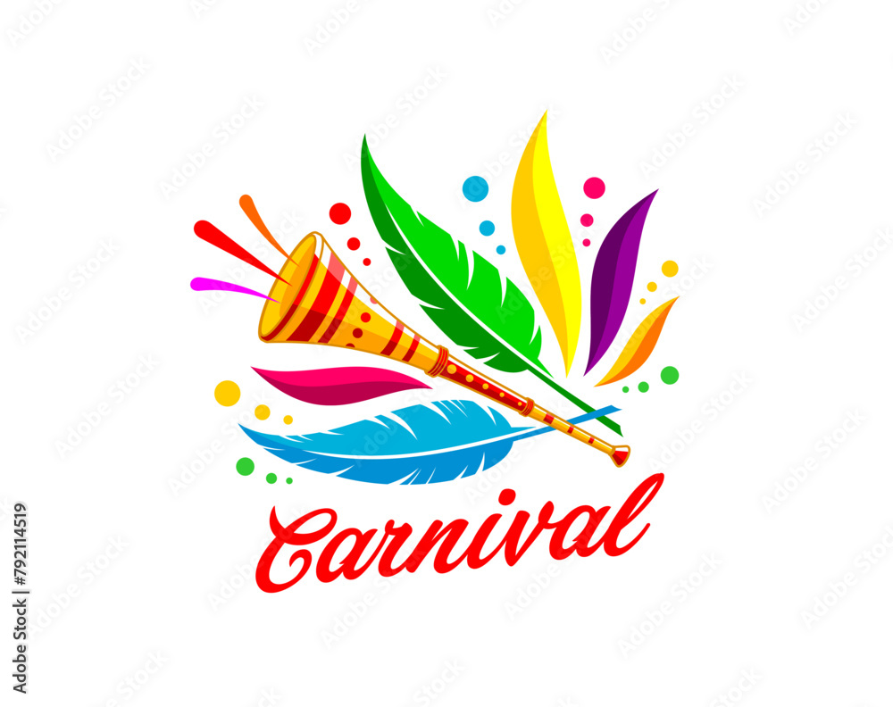 Brazil carnival party icon, entertainment event. Isolated vector vibrant emblem, features a burst of colorful feathers and pipe instrument, encapsulating the spirit of festivity and joy of Rio holiday