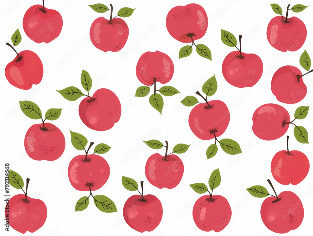 A vector illustration featuring a pattern of stylized red apples with green leaves on a white background. A vector illustration featuring a pattern of stylized red apples with green leaves on a white background.