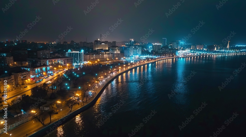 Aerial view of the city skyline at night, during winter, in Baku, the capital city of Azerbaijan.

