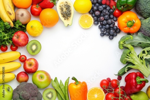 Fresh fruits and vegetables background, fruits and vegetables frame background, foods frame background