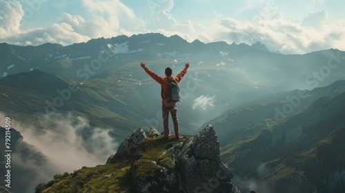 A man stands on the top of a mountain with his hands raised. Generate AI image