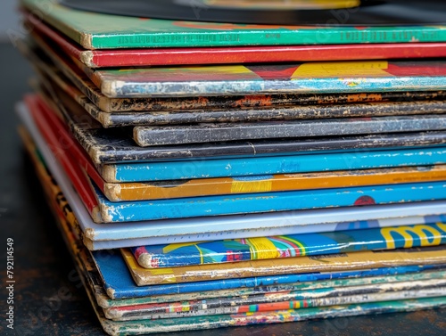 A stack of old records with a blue one on top. The record collection is a mix of different colors and styles
