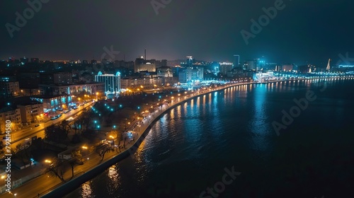 Aerial view of the city skyline at night, during winter, in Baku, the capital city of Azerbaijan.