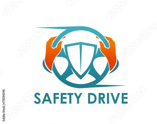 Safety drive icon for driving school, car steering wheel with hands, vector emblem. Driver school or car racing and safe driving sign for automobile technology automotive and electric car service