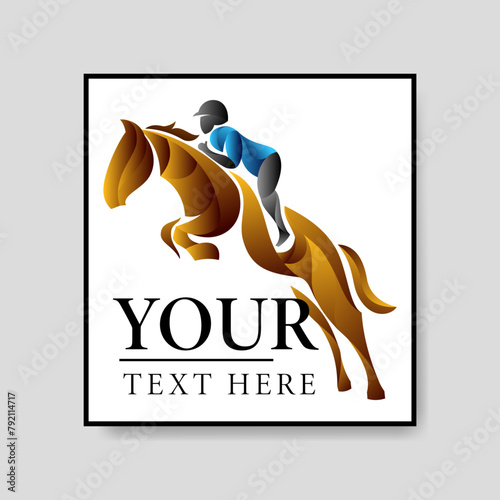 rider riding his horse jumping on bottom text performing the sport of horse riding, illustration for logo or brand
