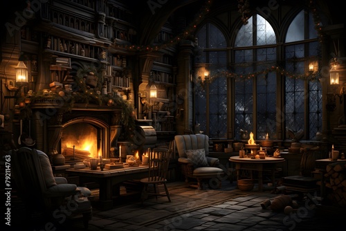 3D render of a fantasy house interior with a fireplace and an armchair