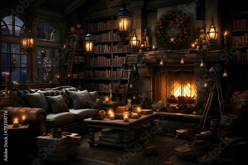 3D rendering of a fairy tale living room with a fireplace and christmas decorations